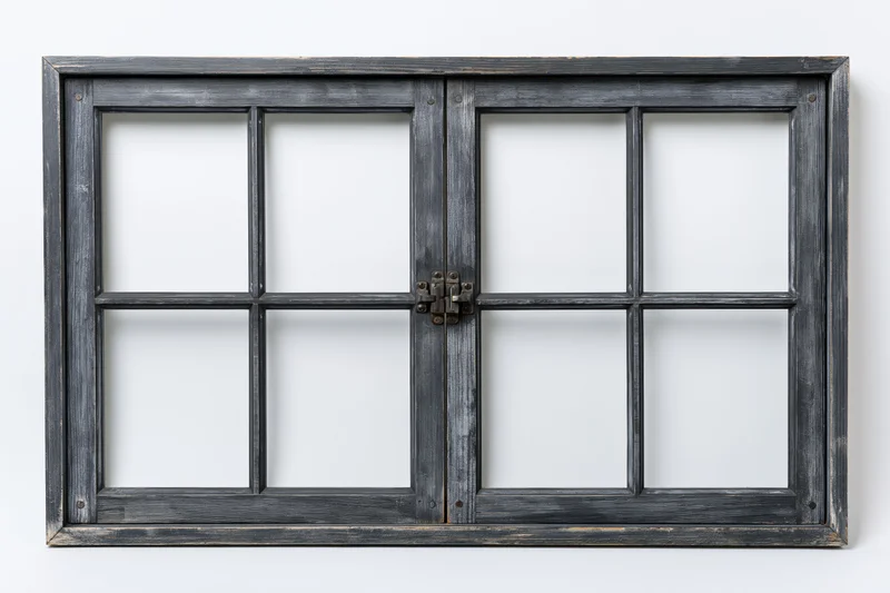 Double-hung wooden window frame with multiple panes isolated on white background