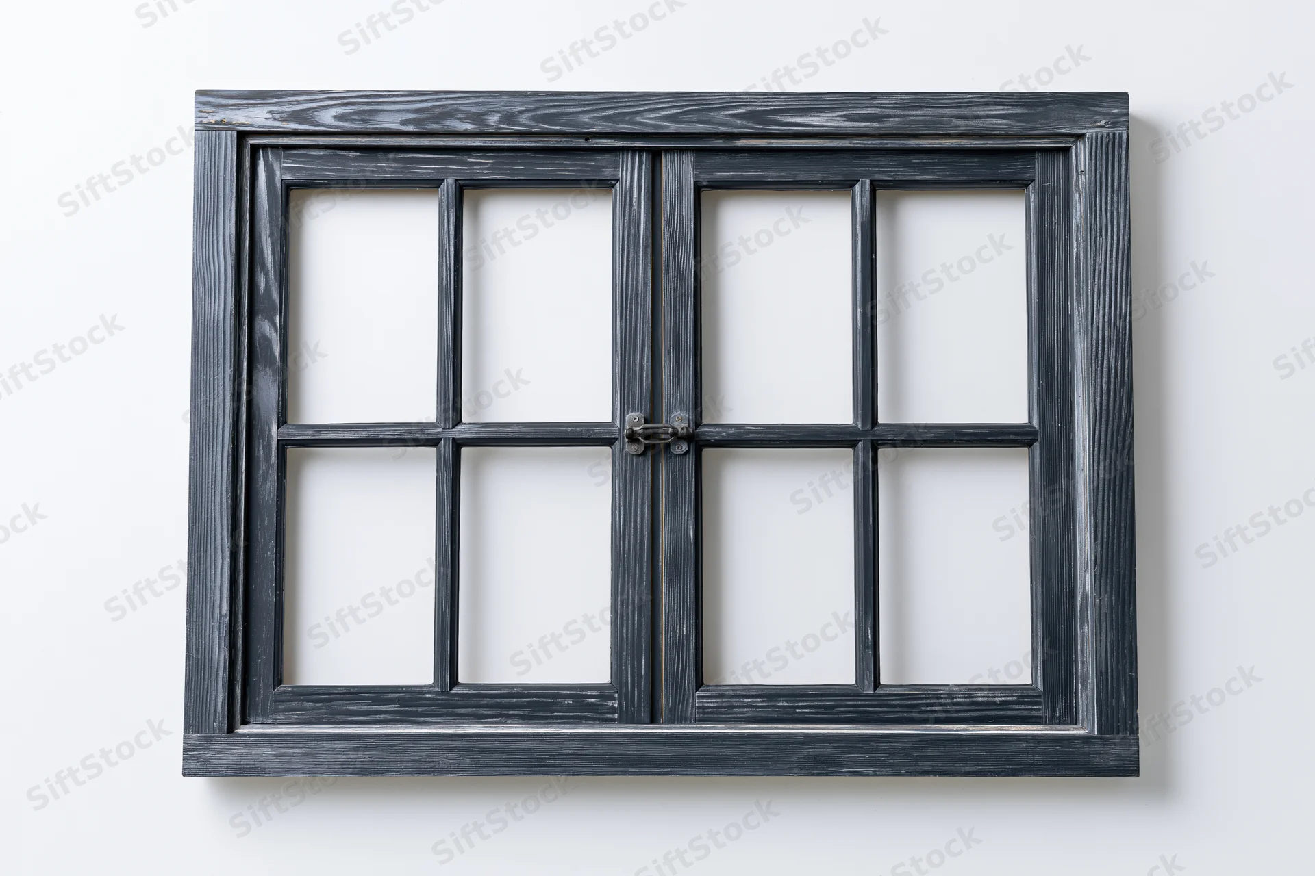 Double-hung wooden window frame with multiple panes isolated on white background