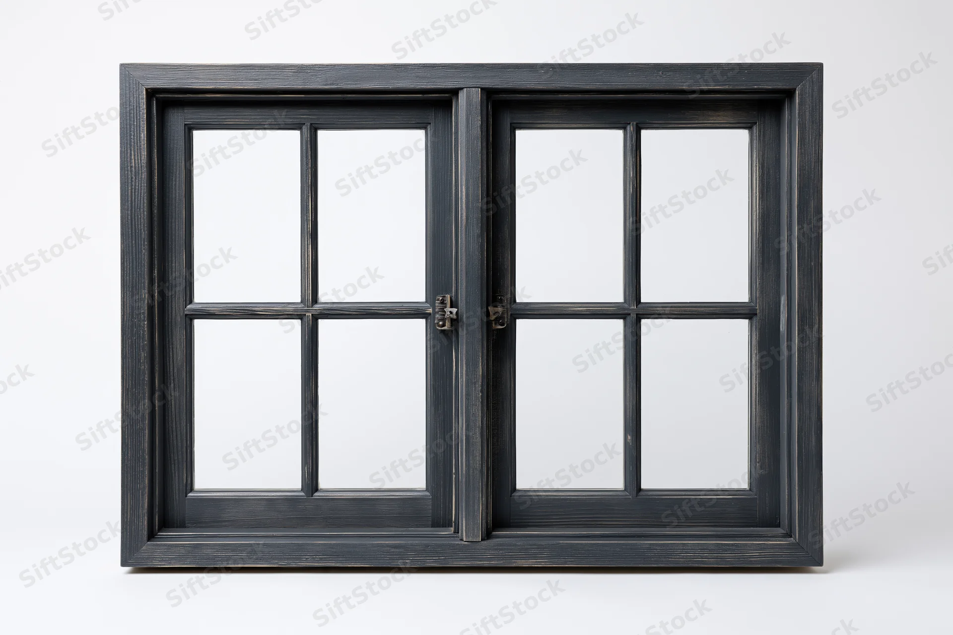 Double-hung wooden window frame with multiple glass panes isolated on white background