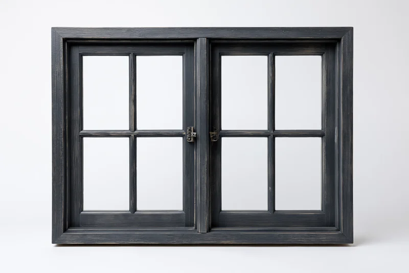 Double-hung wooden window frame with multiple glass panes isolated on white background