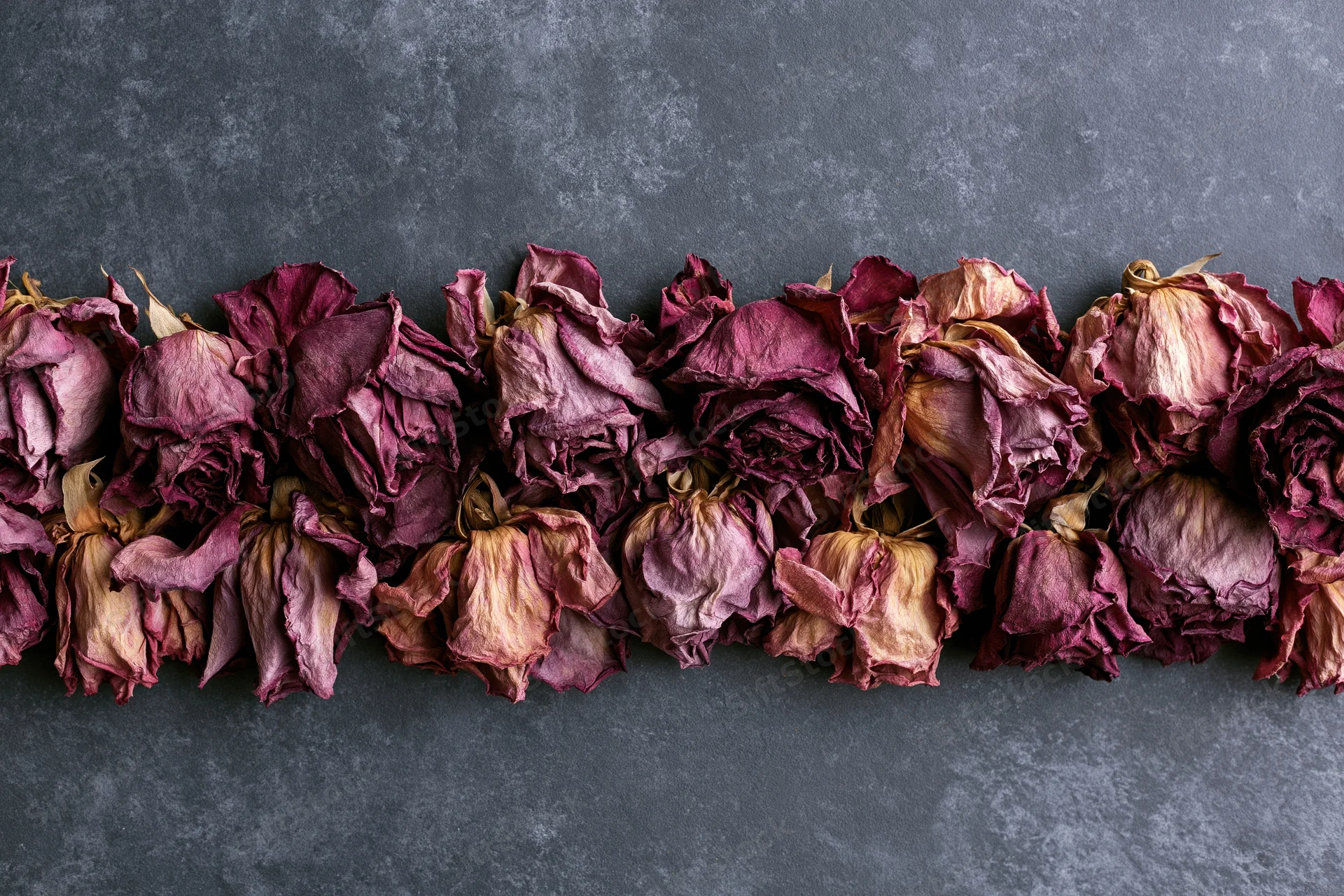 Dried roses arranged in a dense row across a dark gray textured surface