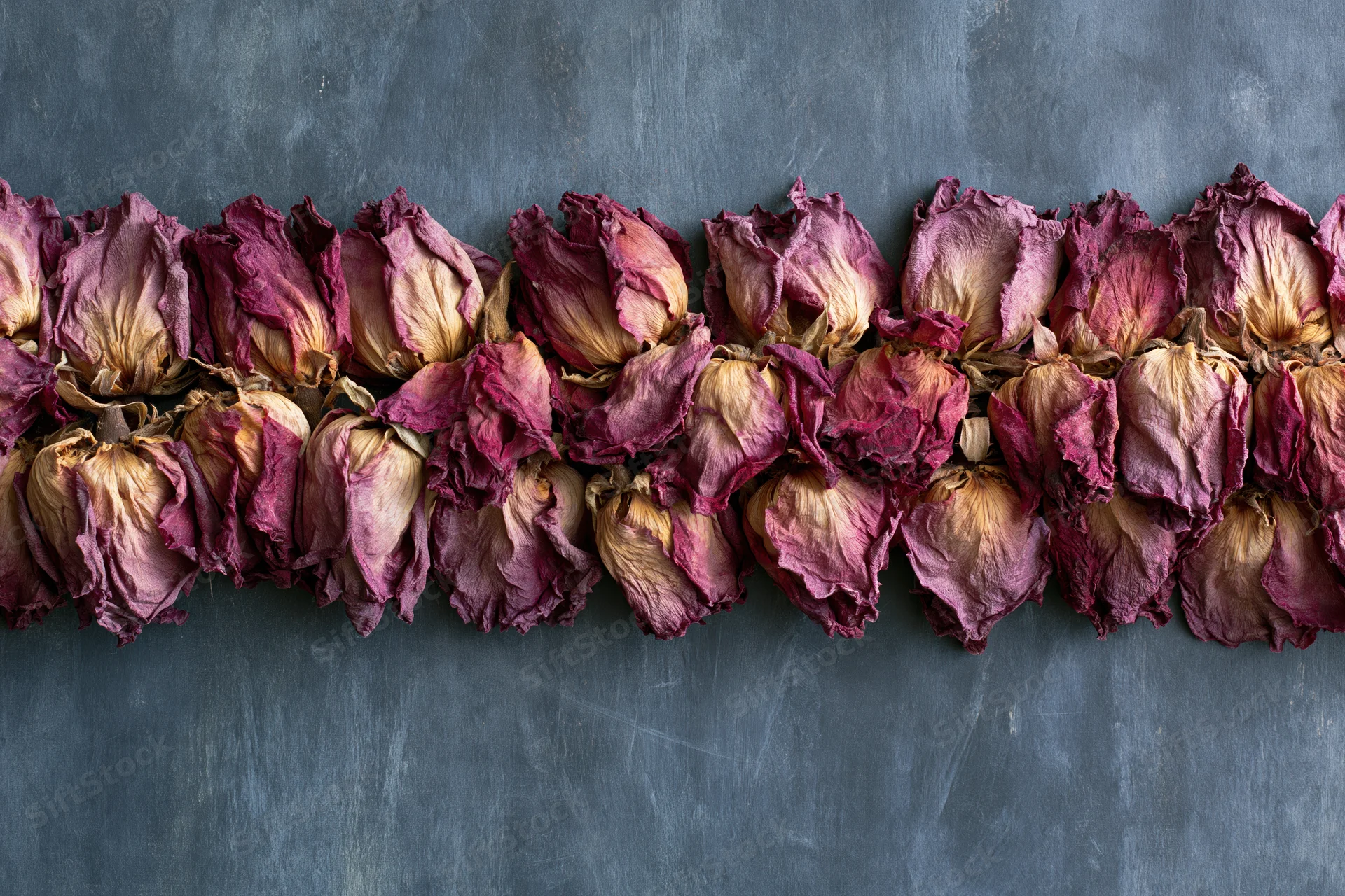 Dried roses arranged in a dense row across a dark gray surface