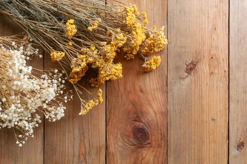 Dried wildflowers and tansy blooms arranged on a wooden plank surface with copyspace