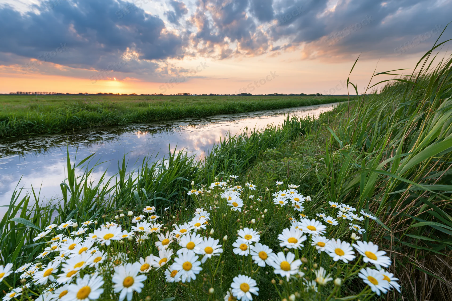 Daisies blooming along a calm canal in a flat wetland at sunset