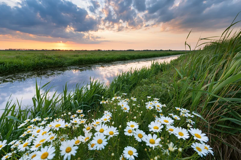 Daisies blooming along a calm canal in a flat wetland at sunset