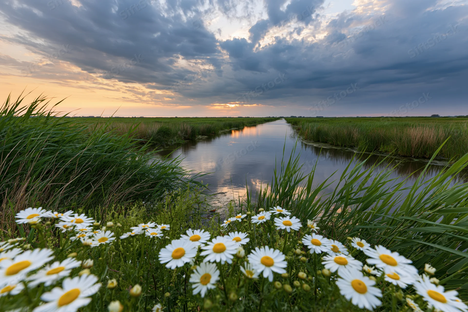 Daisies in foreground along a calm river through a grassy wetland at sunset