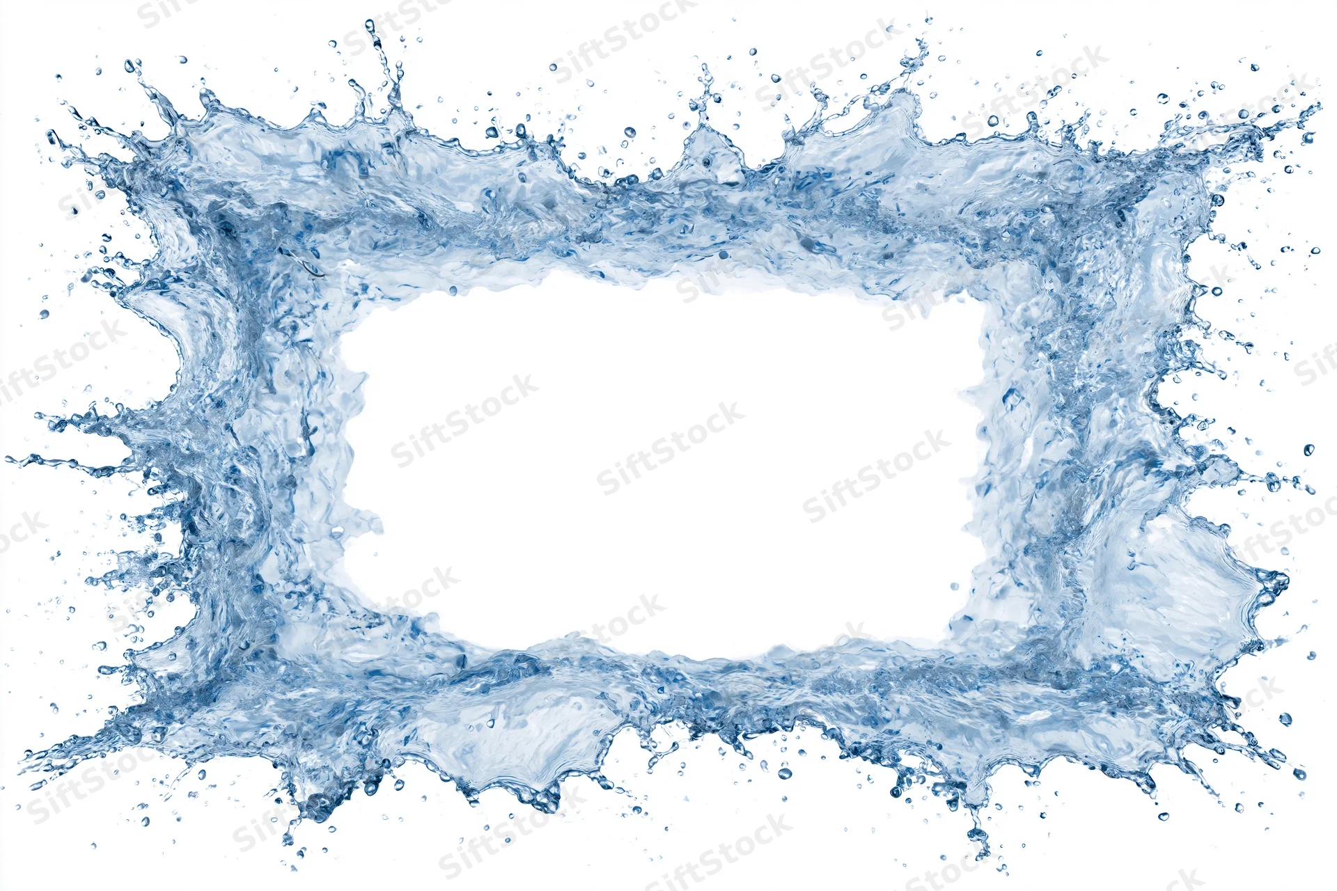 Dynamic water splash forming a rectangular frame border on white background