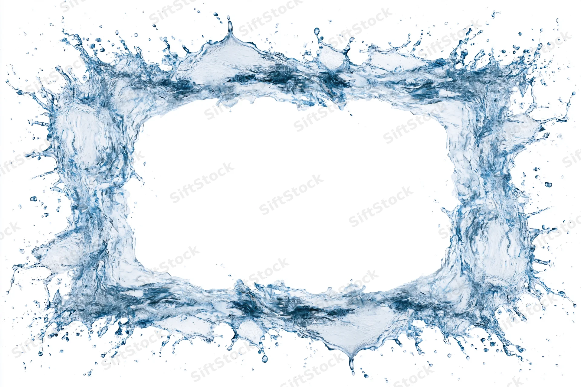 Dynamic water splash forming a rectangular frame border around a blank white center
