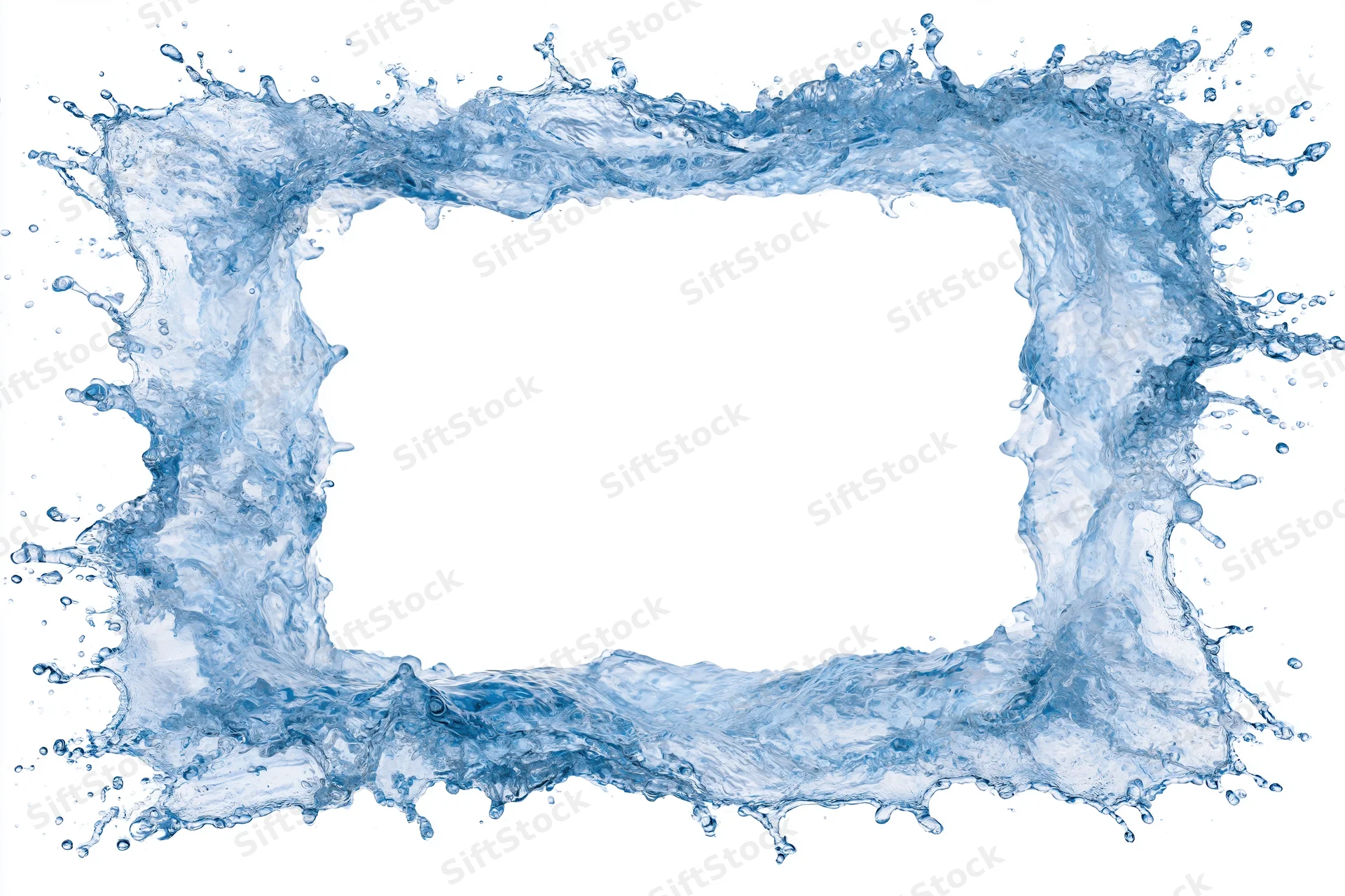 Dynamic water splash forming a rectangular frame border on white background