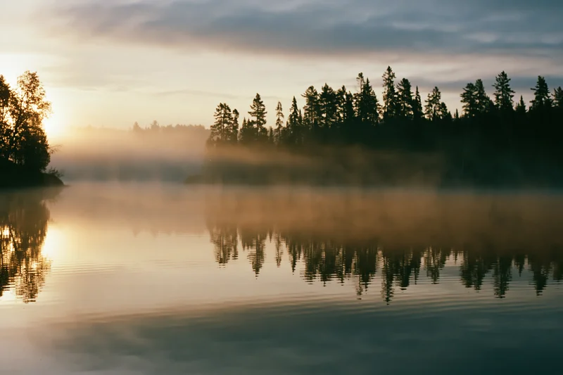 Mist rising over calm lake at sunrise with pine trees reflected in water