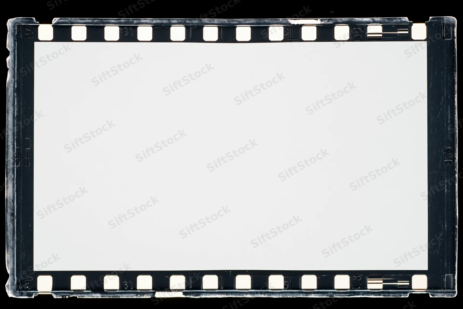 Blank 35mm film negative frame with perforated edges on black background