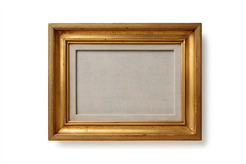 Empty antique gold picture frame with textured backing isolated on white background