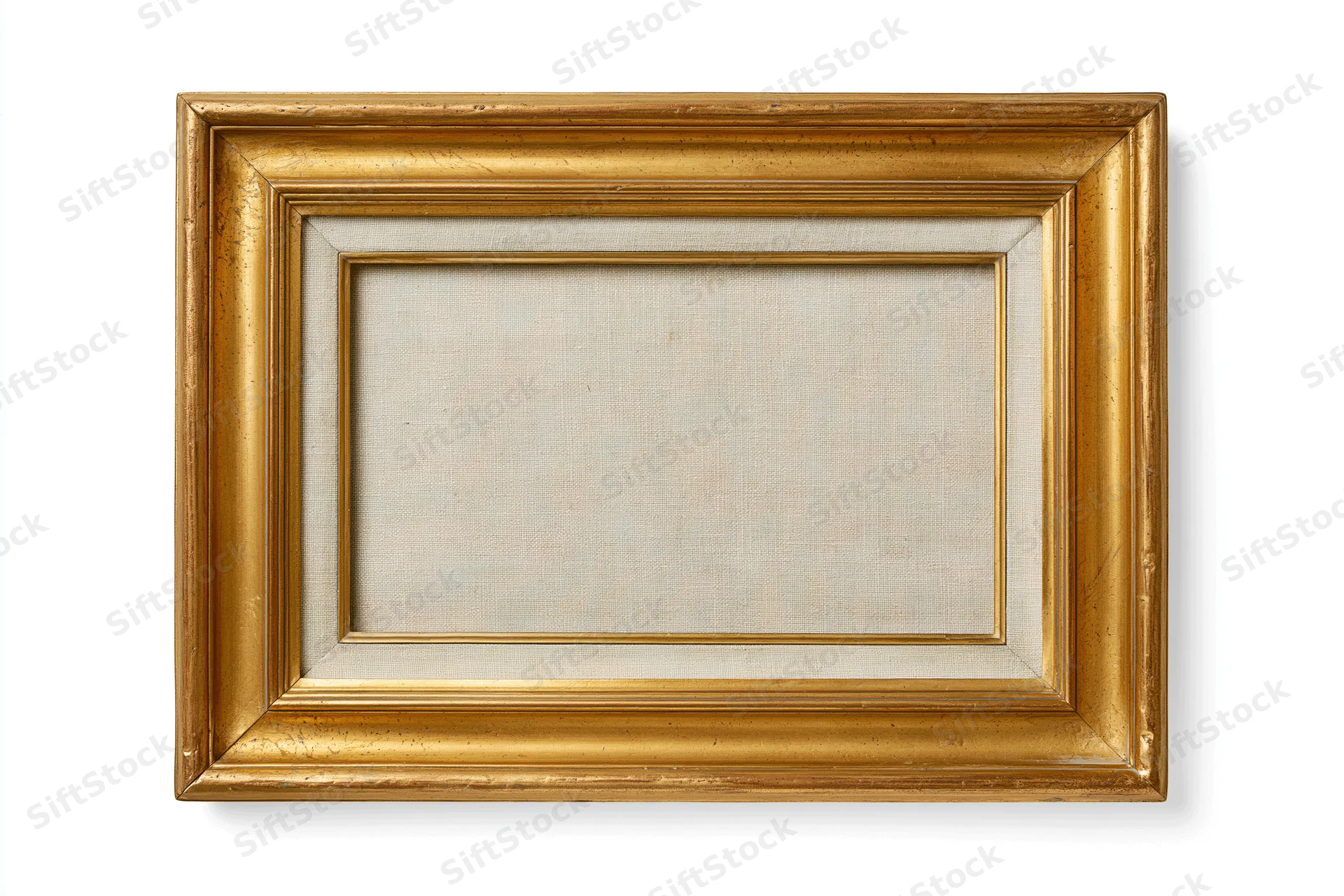 Empty antique gold picture frame with textured linen backing on white background