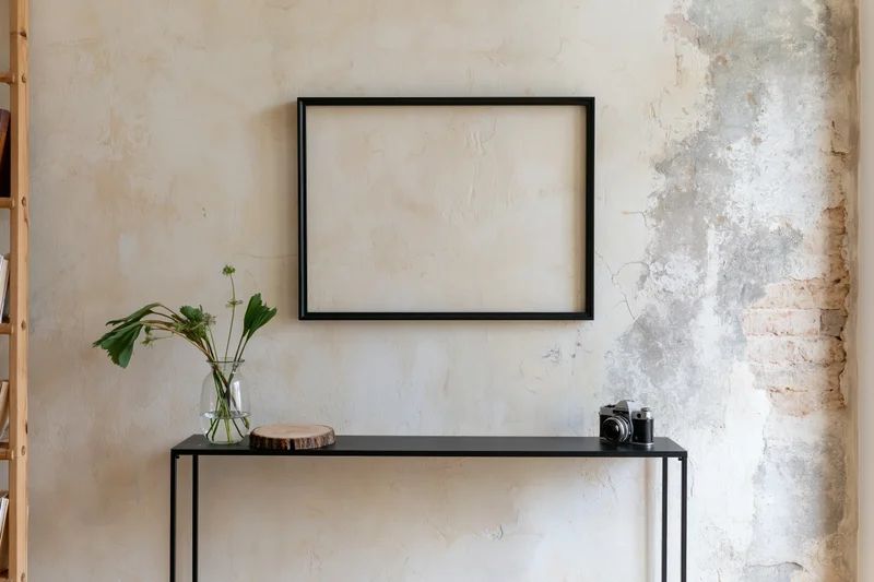 Empty black frame hanging on weathered plaster wall above metal console table with vase of green stems and vintage camera