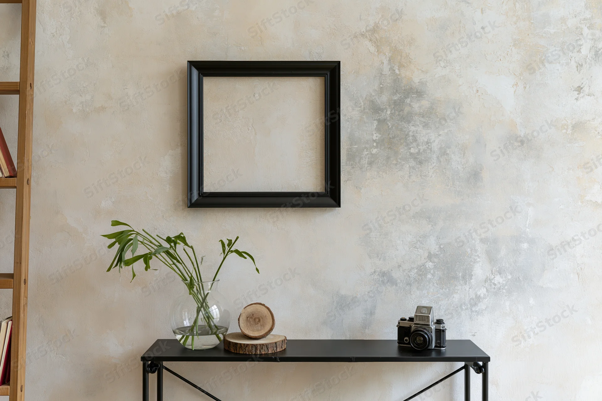 Empty black frame hanging on weathered plaster wall above console table with vintage camera and plant in glass vase