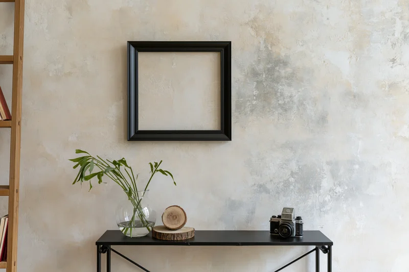 Empty black frame hanging on weathered plaster wall above console table with vintage camera and plant in glass vase