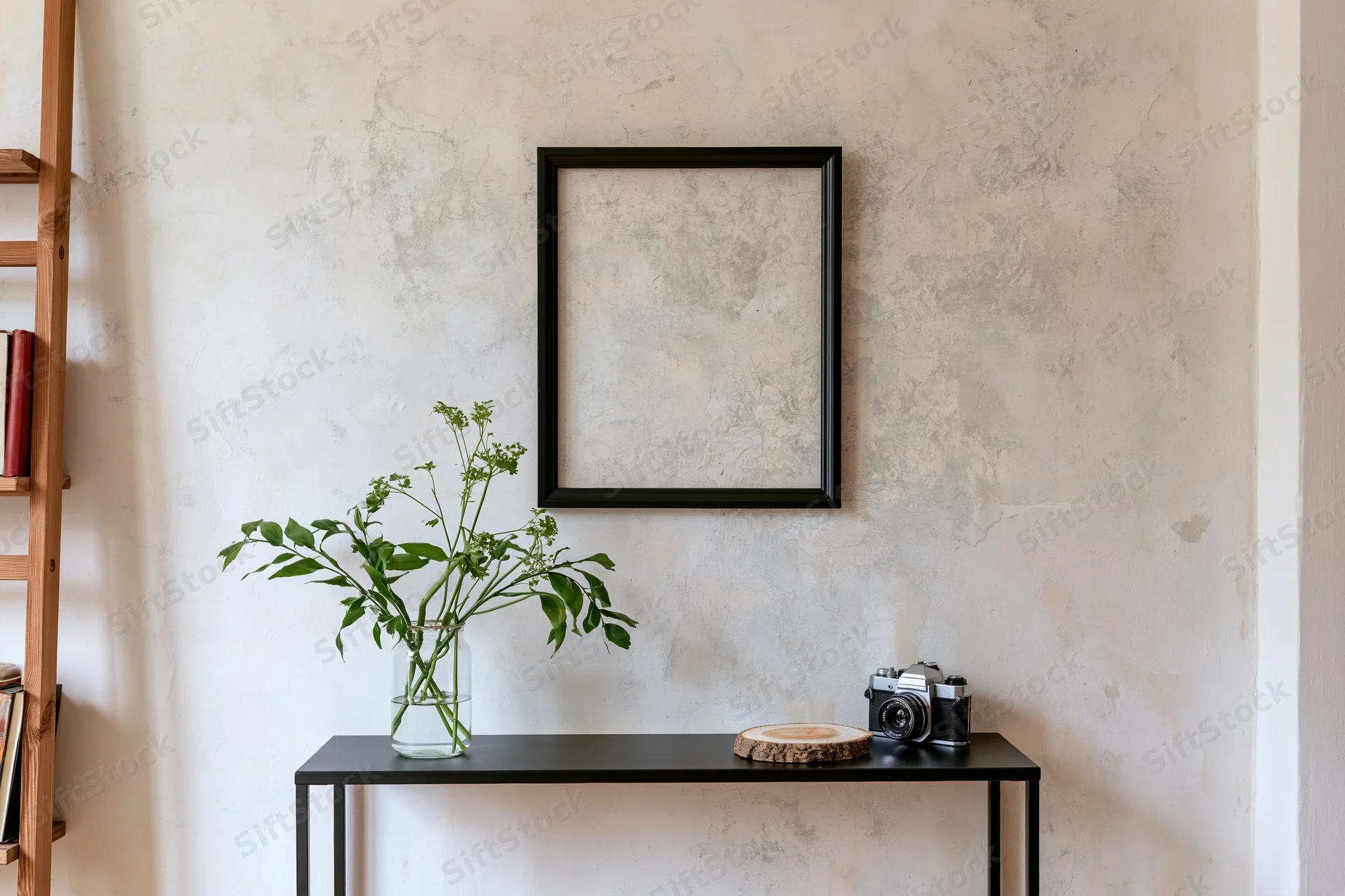 Empty black frame hanging on weathered plaster wall above console table with vase of greenery and vintage camera