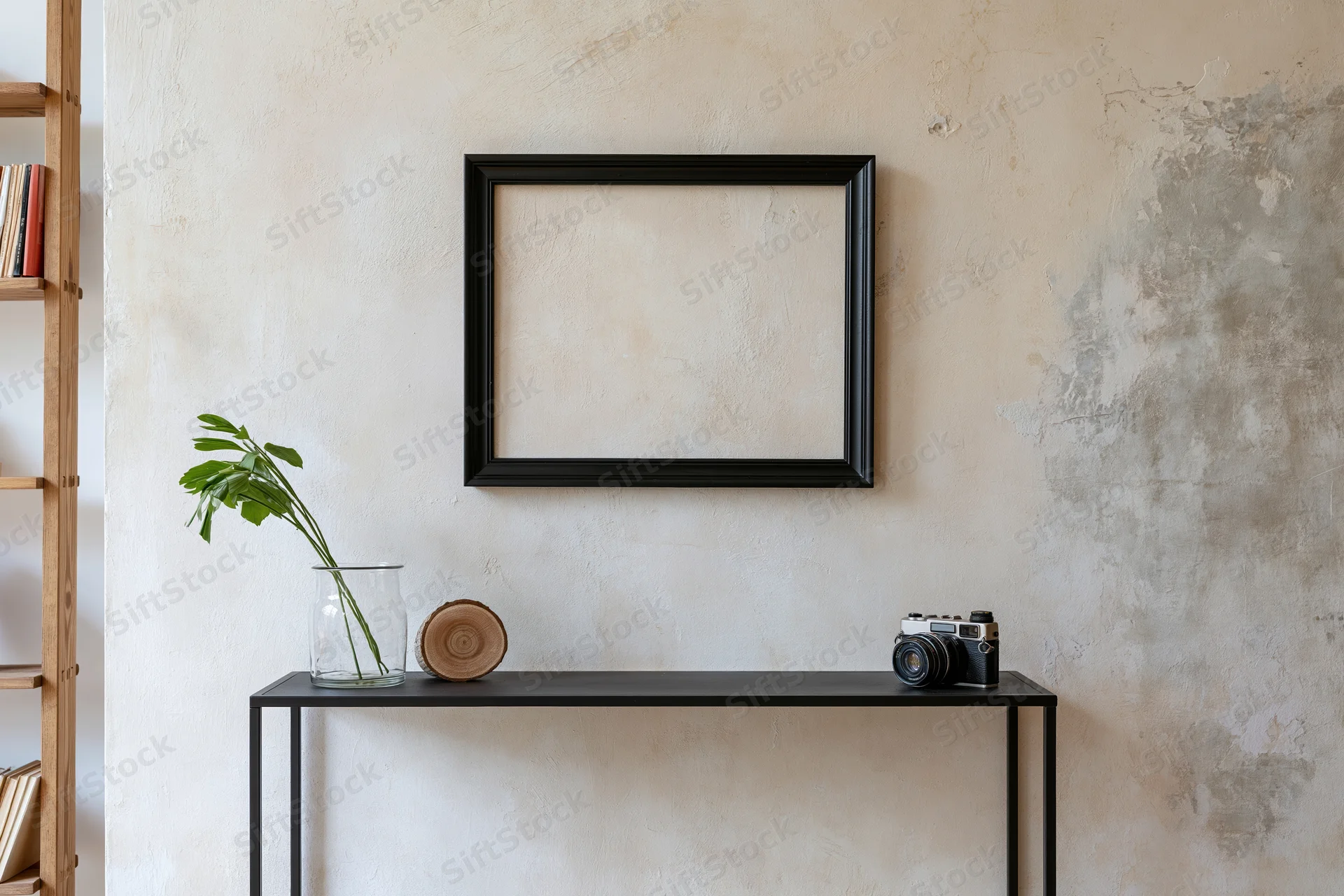 Empty black frame hanging on weathered plaster wall above console table with vintage camera and plant in glass vase