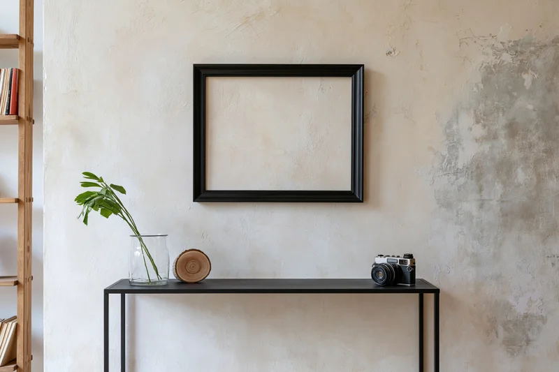 Empty black frame hanging on weathered plaster wall above console table with vintage camera and plant in glass vase