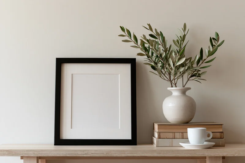 Empty black picture frame leaning on wooden shelf beside olive branches in vase and stacked books with white cup and saucer