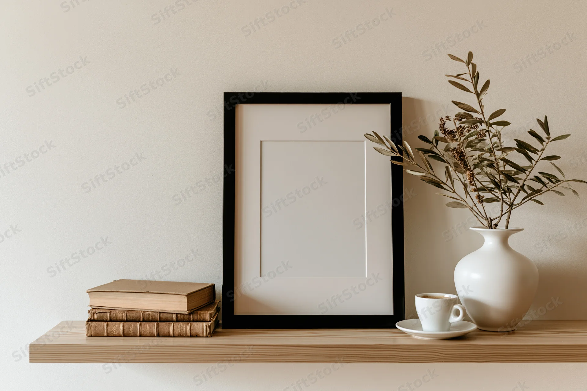 Empty black frame leaning on wooden shelf beside books, vase with dried branches, and coffee cup against pale wall