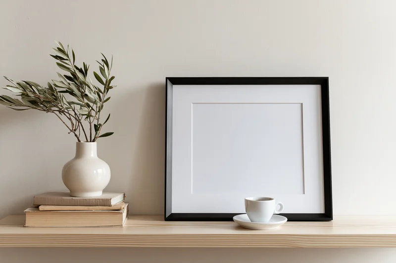 Empty black frame leaning on wooden shelf beside vase with olive branches and books, with white cup and saucer