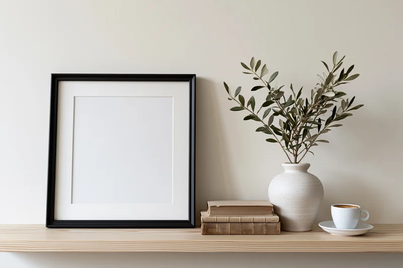 Empty black frame leaning on wooden shelf beside vase with olive branches, books and coffee cup