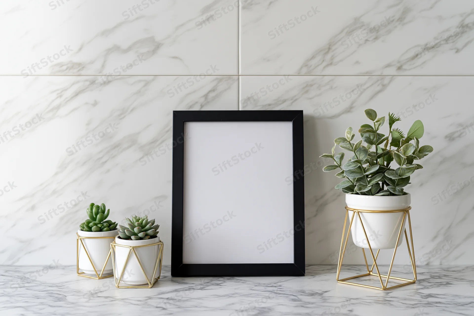 Empty black picture frame leaning against white marble wall with potted succulents on countertop