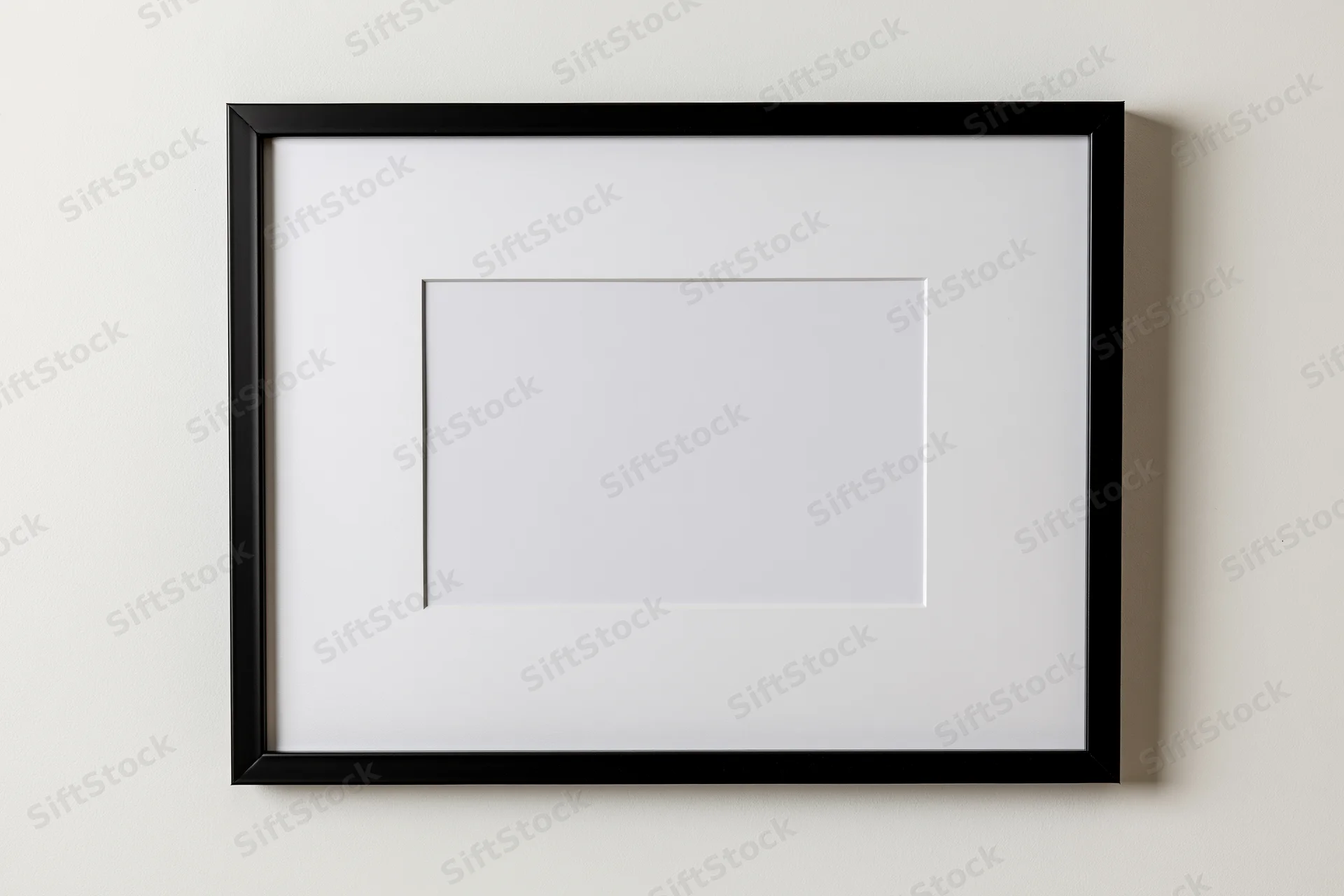 Black picture frame with white mat mounted flat on a wall