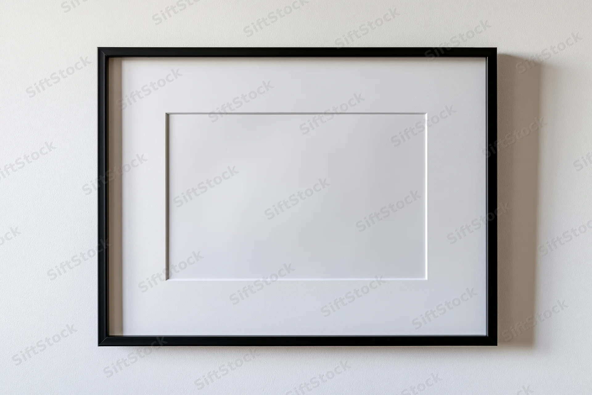 Black picture frame with white mat mounted flat on a white wall