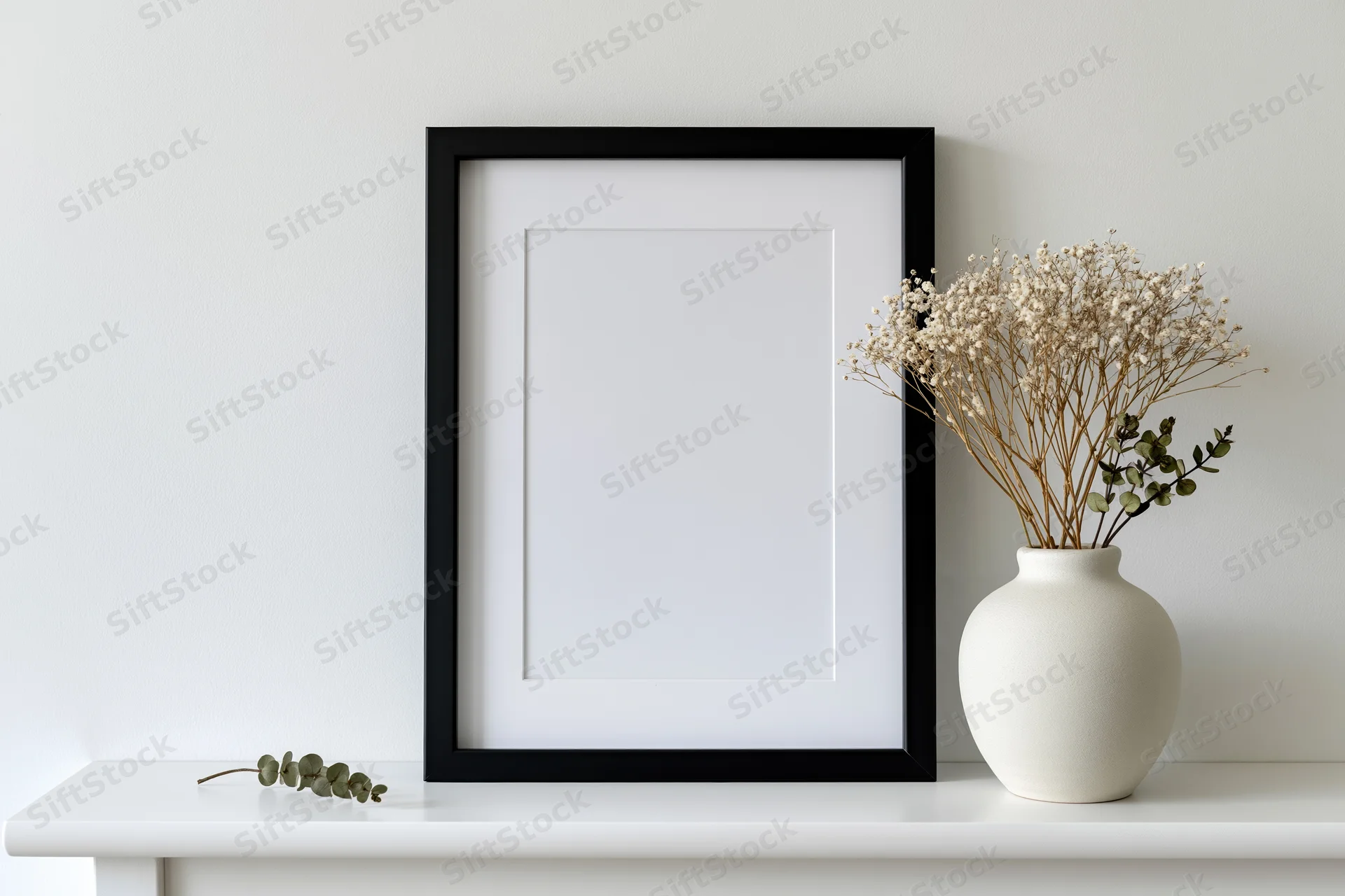 Empty black frame with white mat on white shelf beside ceramic vase holding dried flowers