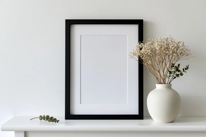 Empty black frame with white mat on white shelf beside ceramic vase holding dried flowers