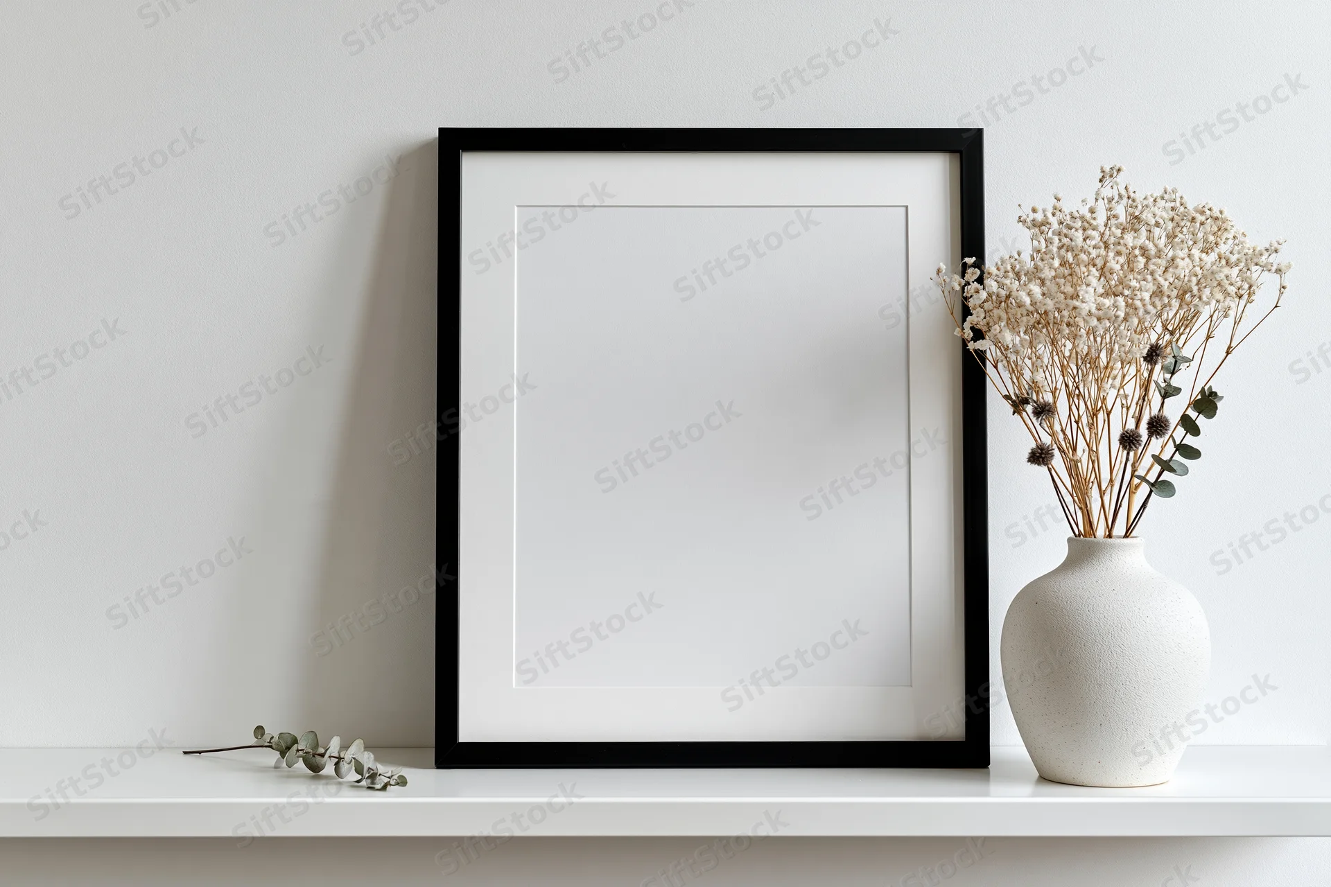 Empty black frame with white mat leaning on white shelf beside ceramic vase holding dried flowers