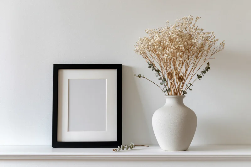 Empty black frame with white mat and vase of dried flowers on white shelf
