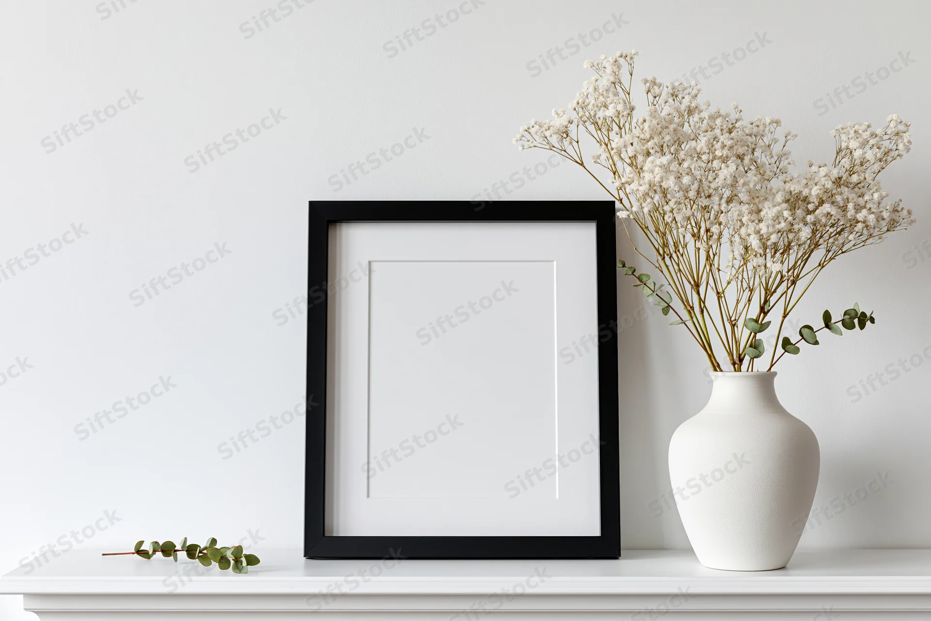Empty black frame with white mat leaning on white shelf beside white vase holding dried baby's breath and eucalyptus sprigs