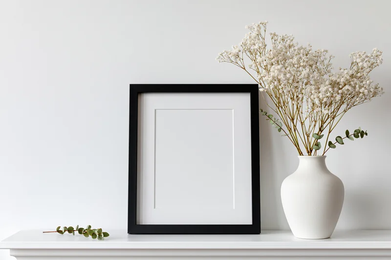 Empty black frame with white mat leaning on white shelf beside white vase holding dried baby's breath and eucalyptus sprigs