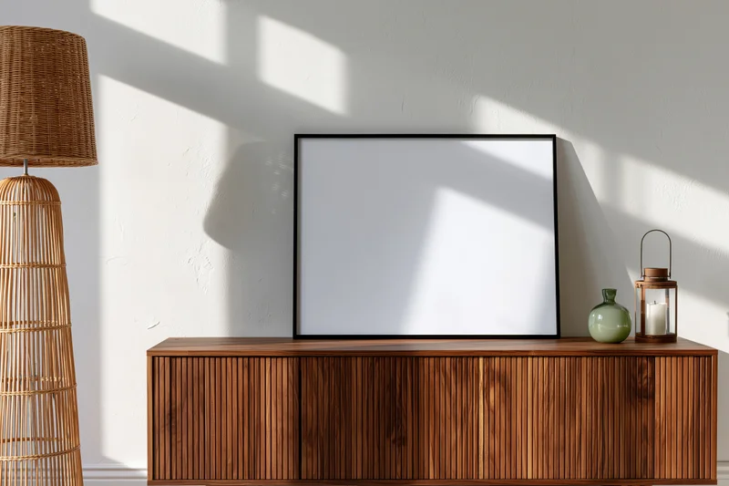 Empty black frame leaning against white wall above wooden console table with wicker lamp and lantern