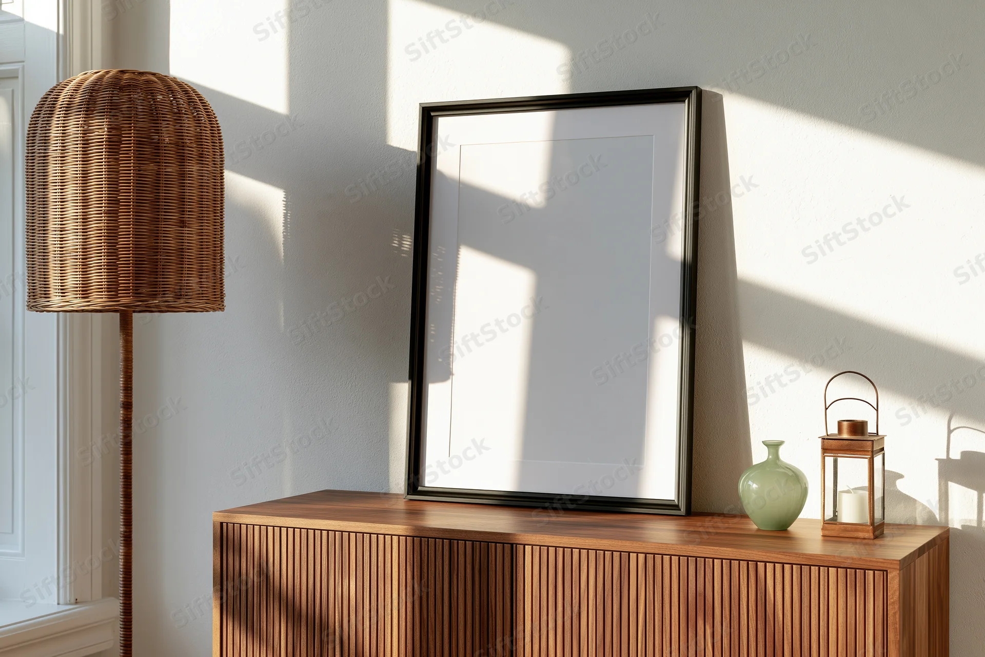 Empty black frame leaning against white wall on wooden cabinet with lamp and decor