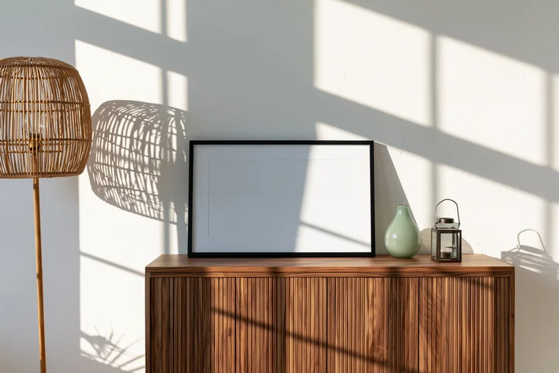 Empty black frame leaning on wooden cabinet with vase and lantern beside wicker lamp in sunlit room