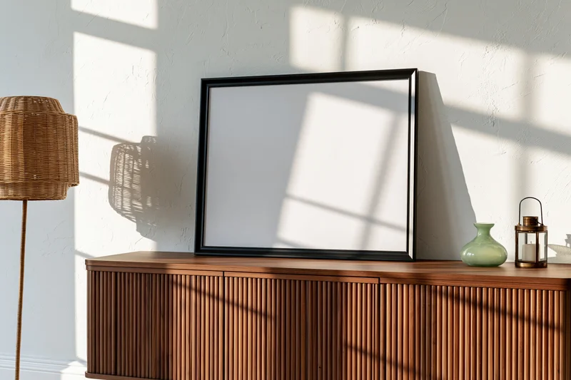 Empty black frame leaning against white wall on wooden cabinet with lamp and decor