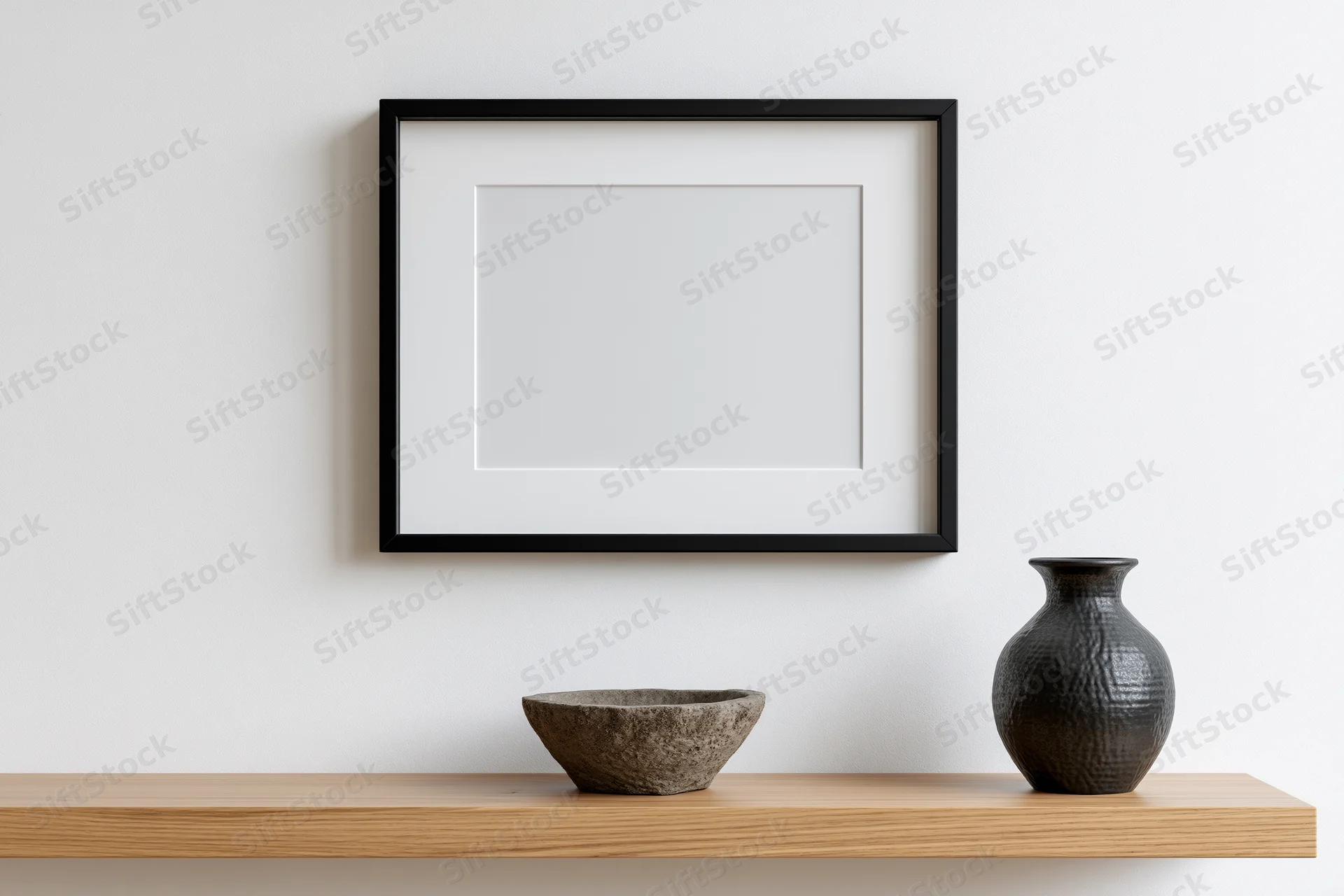 Empty black framed picture mockup on wooden shelf with ceramic vase and bowl against white wall