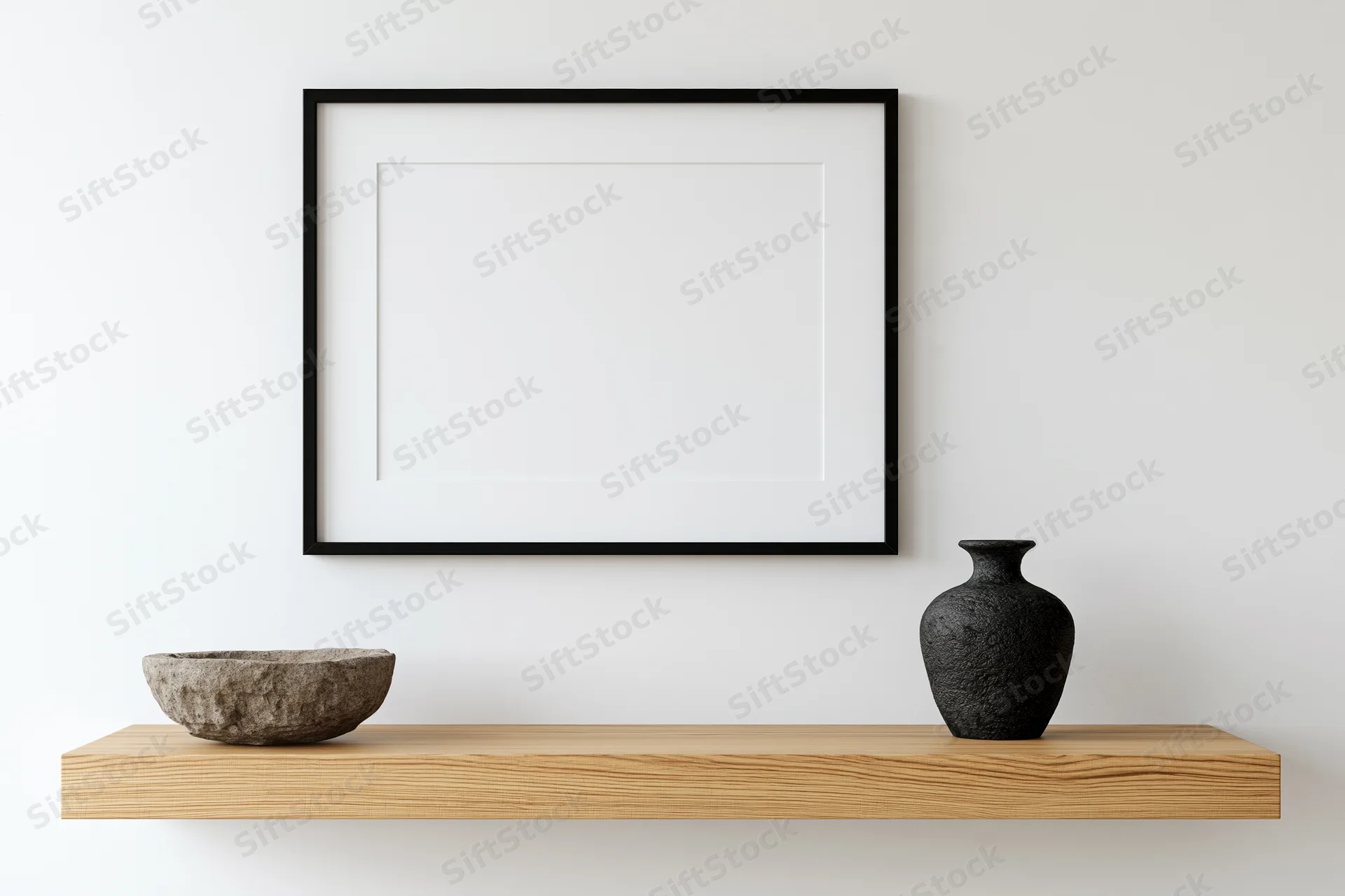 Black thin-framed picture frame with white mat hanging above wooden shelf holding ceramic bowl and black vase against white wall