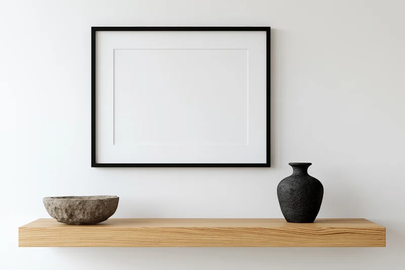Black thin-framed picture frame with white mat hanging above wooden shelf holding ceramic bowl and black vase against white wall