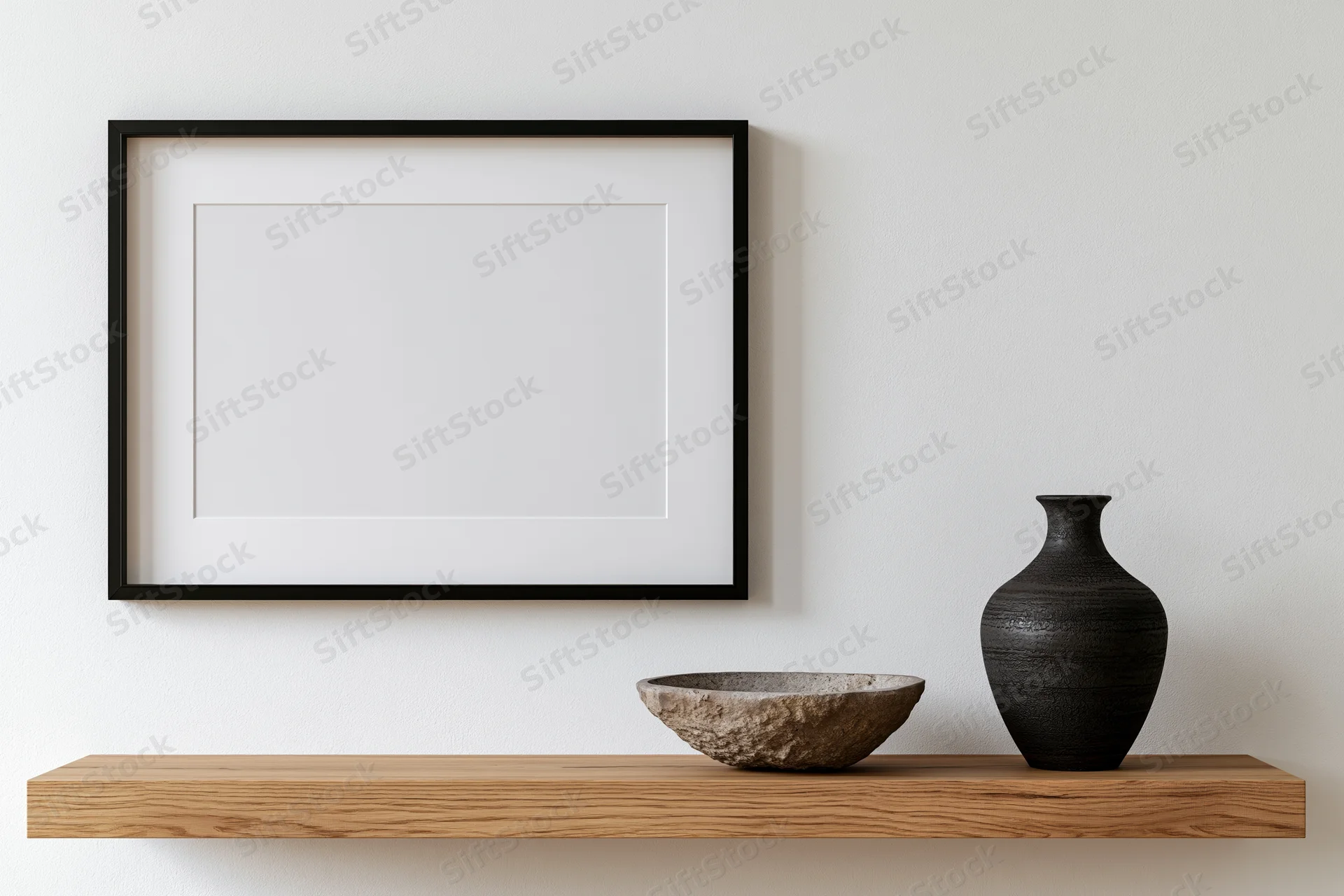 Empty black framed picture mockup on wooden shelf with vase and bowl against white wall