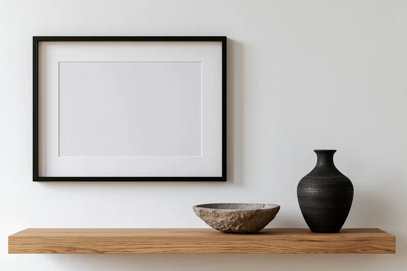 Empty black framed picture mockup on wooden shelf with vase and bowl against white wall