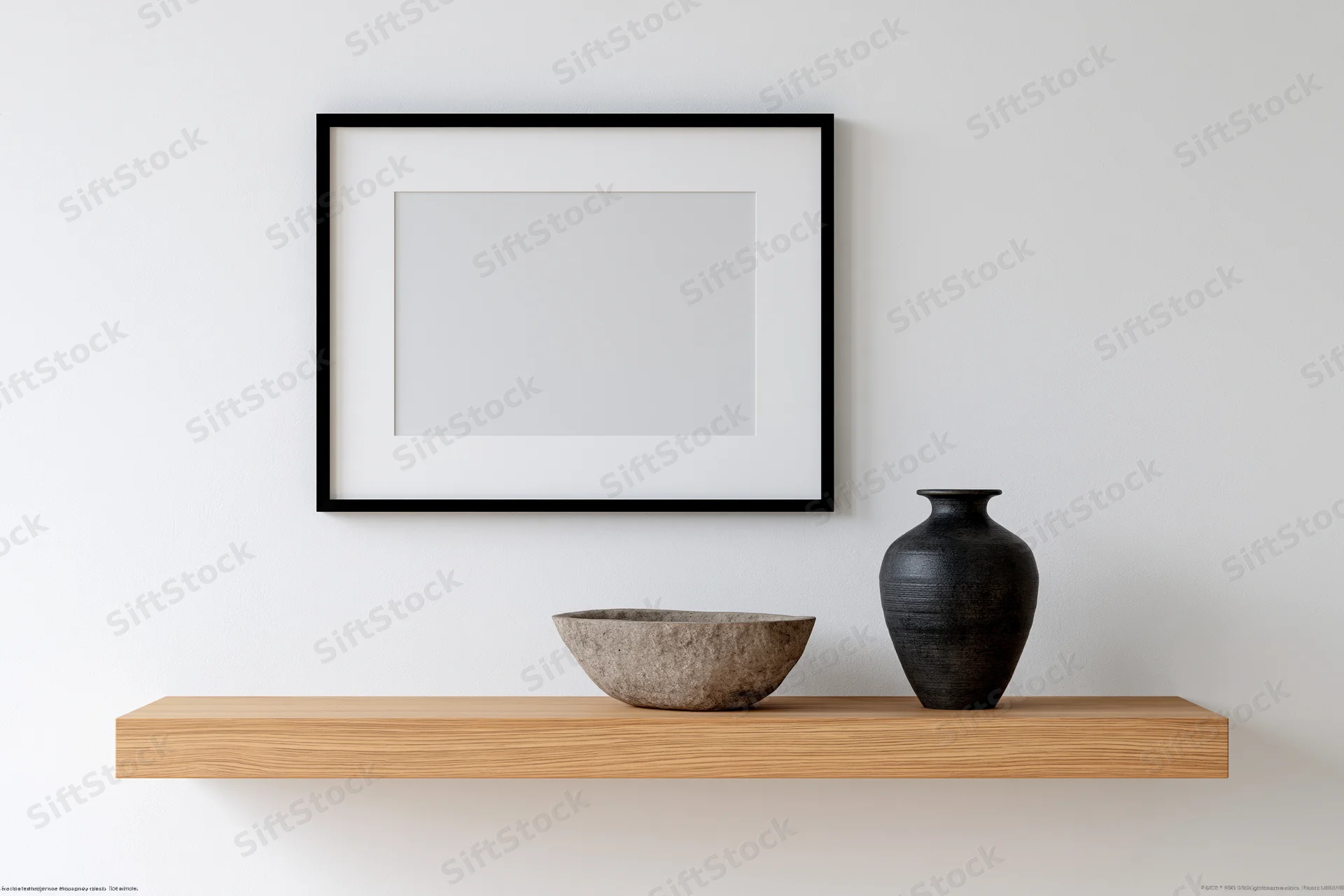 Empty black framed picture mockup on wooden shelf with ceramic vase and bowl against white wall