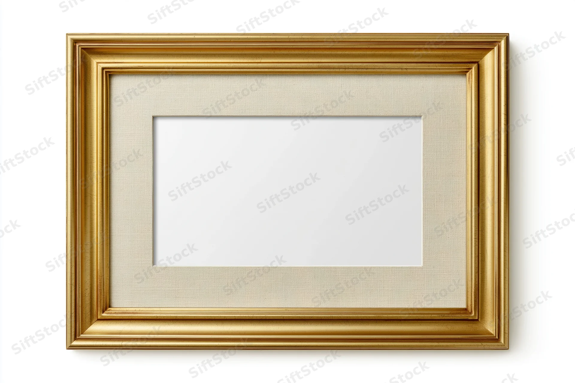 Empty classic gold picture frame with pale linen mat on white background