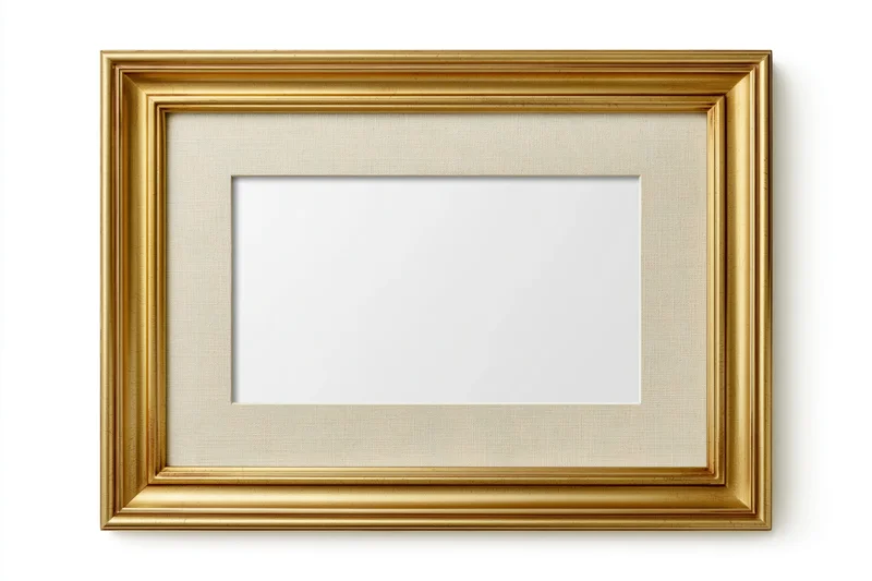 Empty classic gold picture frame with pale linen mat on white background