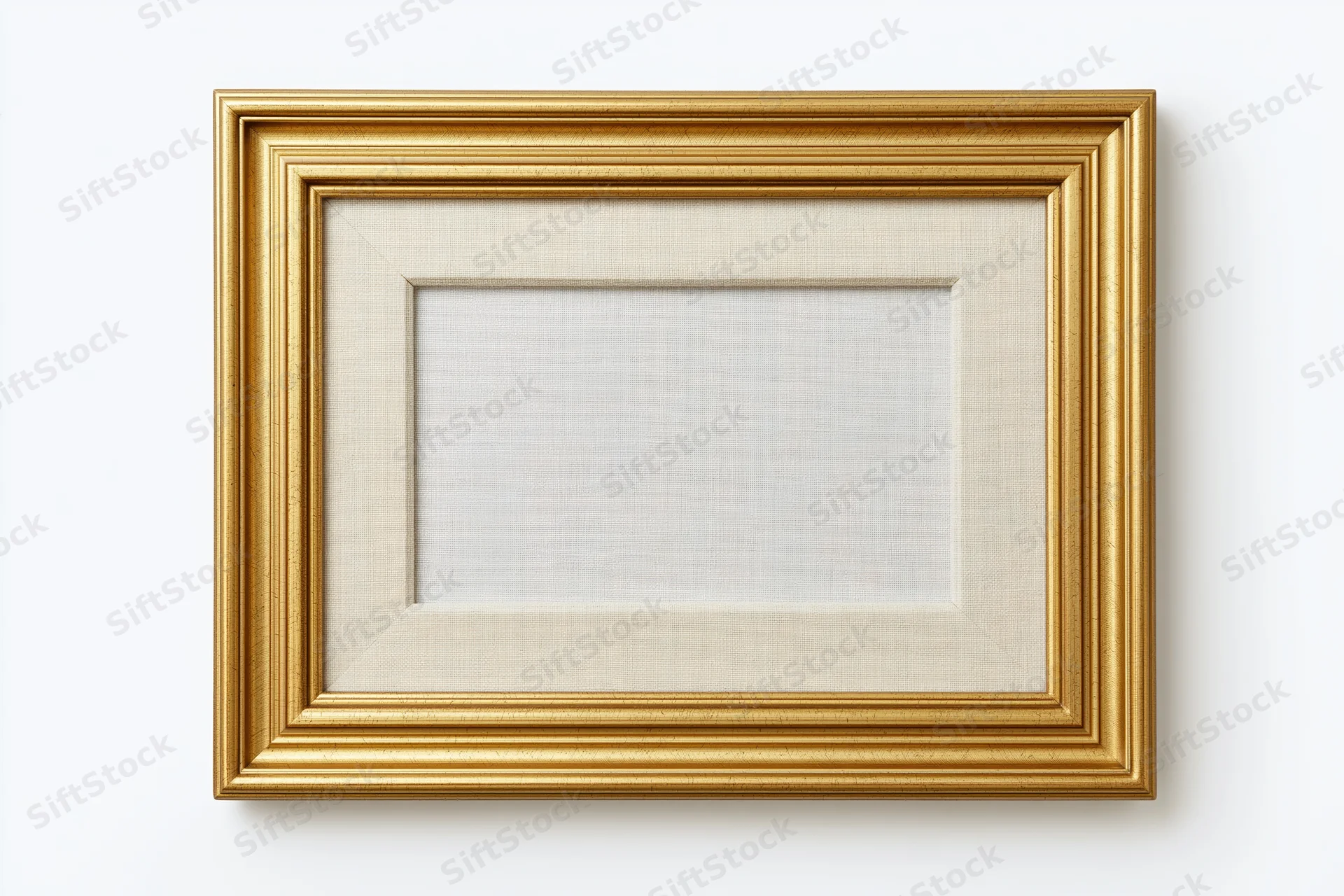 Empty classic gold picture frame with pale linen mat on white background