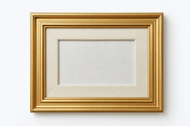 Empty classic gold picture frame with pale linen mat on white background